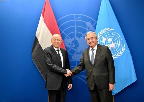 غوتيريش يؤكد دعم "الرئاسي" واستمرار حشد الموارد لتخفيف الأزمة اليمنية