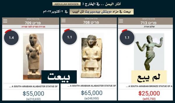 باحث آثار يكشف عن بيع تمثالين من آثار اليمن بقيمة 120 ألف دولار في تل أبيب